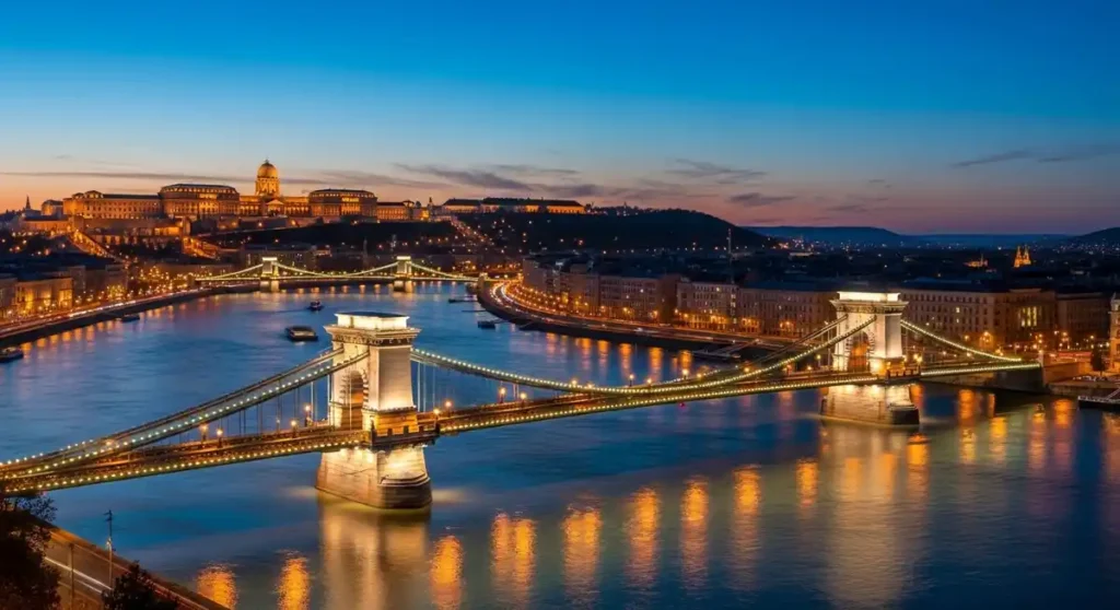 Chain Bridge and Liberty Bridge lit up over Danube in the evening