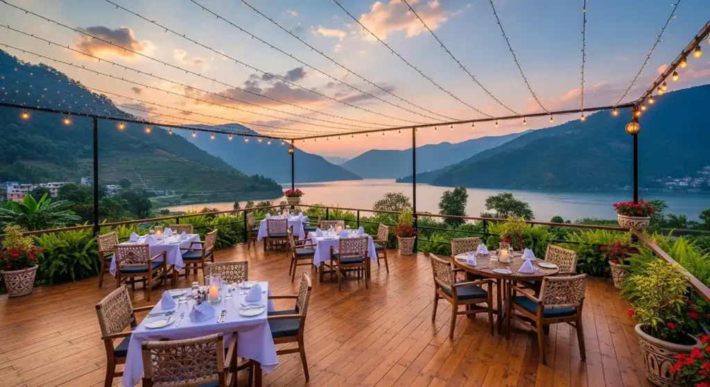 Classic Chill restaurant with panoramic view of Begnas Lake.