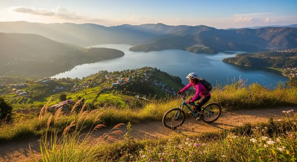 Cyclist enjoying lakeside trail with a view of Begnas Lake.