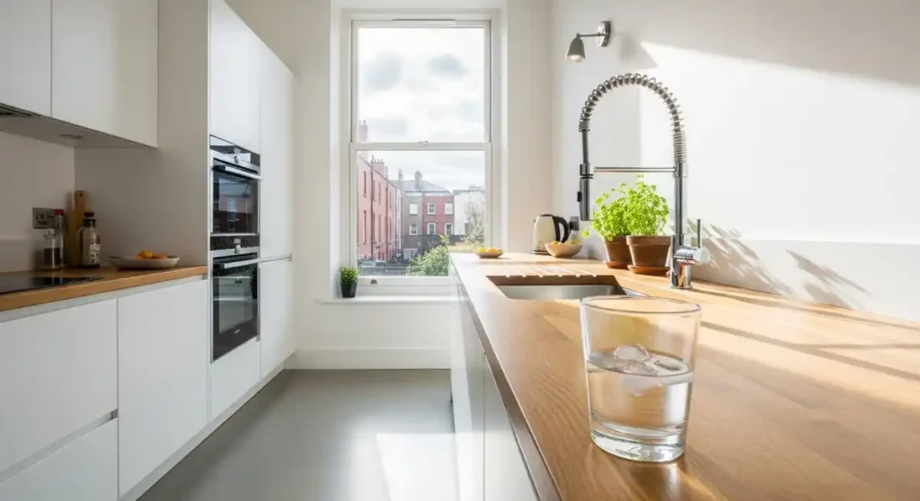 Glass of clean tap water on a kitchen counter in Dublin.
