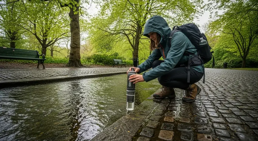 Traveler using a portable water filter bottle in a Dublin park.