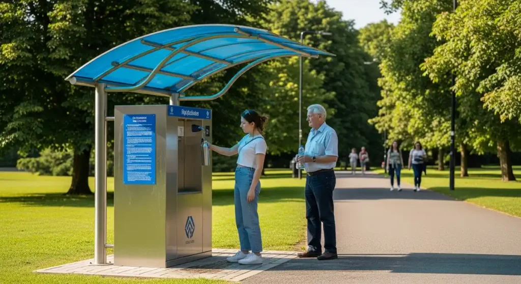 Public refill station in Dublin with people using reusable bottles.