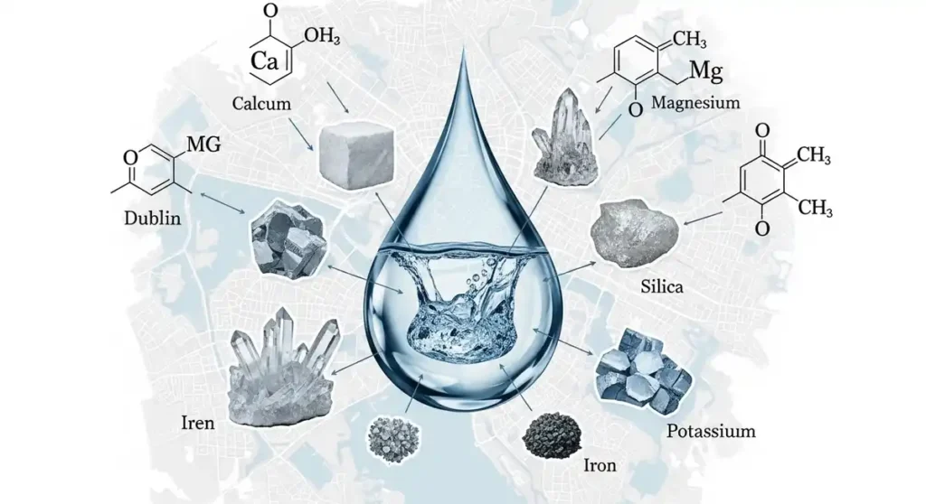Minerals found in Dublin tap water like calcium and magnesium.