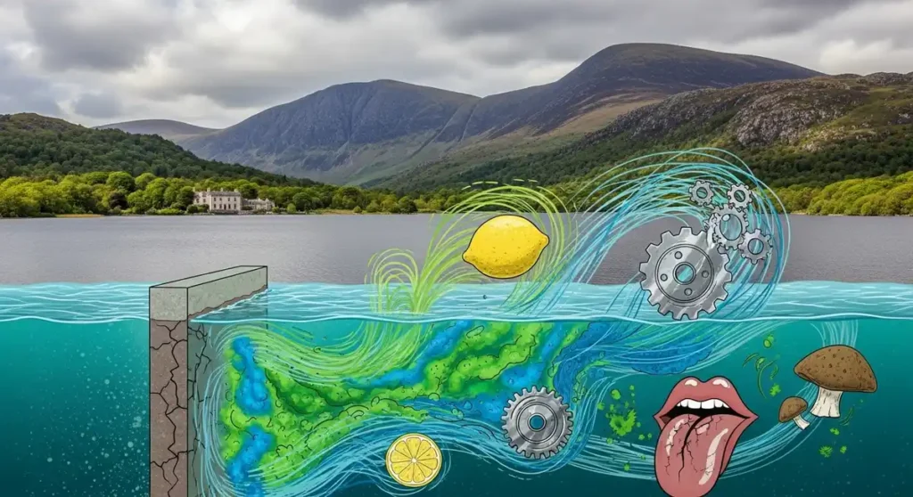 Visual of seasonal taste changes in Dublin tap water due to natural algae.