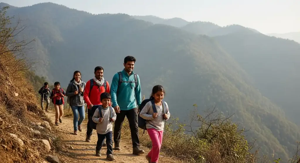Family trekking through the Nepalese hills with children carrying backpacks