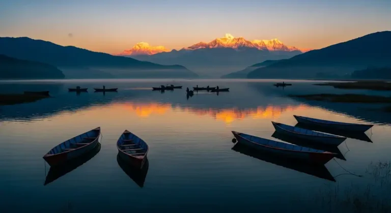 Featured sunrise view of Begnas Lake with boats and Annapurna range in the background.