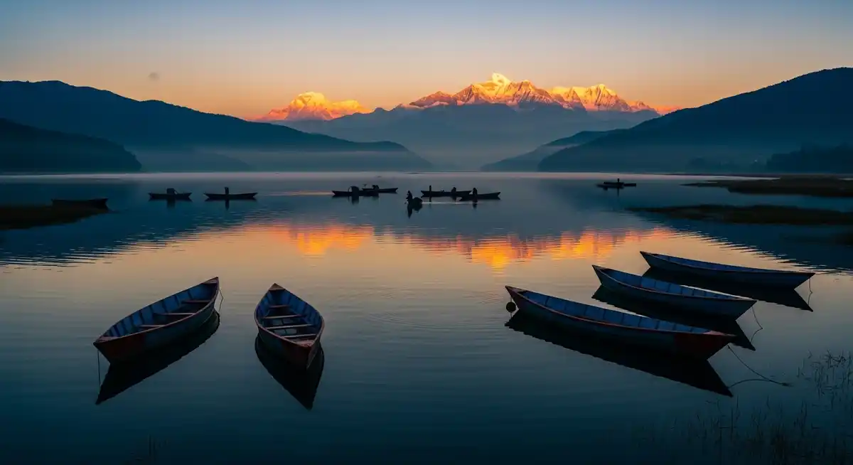 Featured sunrise view of Begnas Lake with boats and Annapurna range in the background.