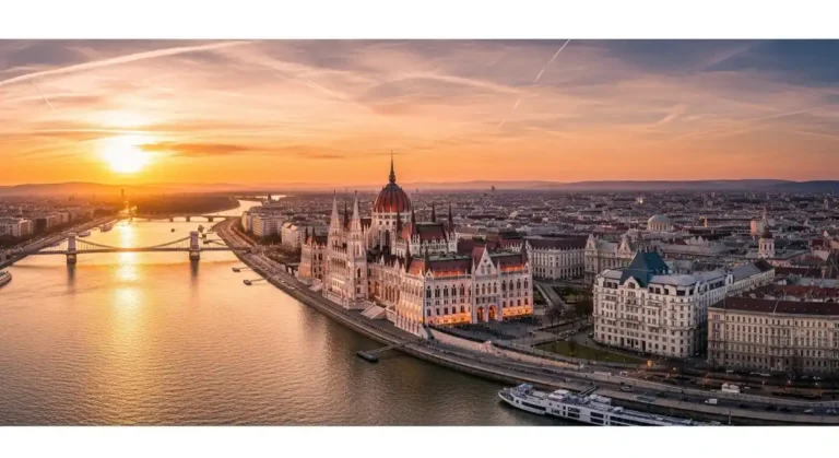 Featured Budapest river cruise aerial view at sunset with Parliament glowing