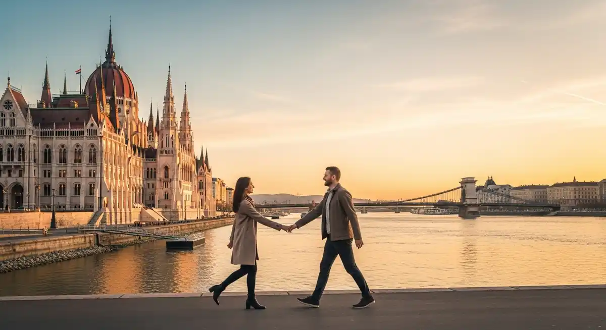 Couple walking along the Danube at sunset with Parliament and Chain Bridge beyond