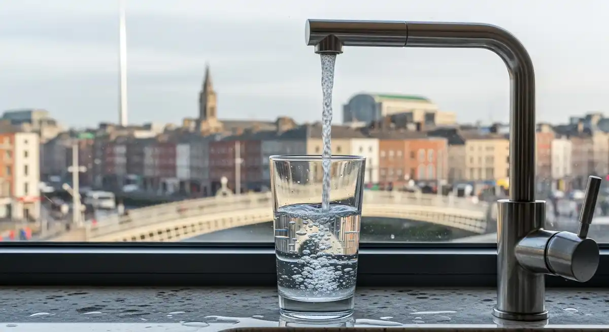 Clean glass being filled with Dublin tap water with city view in the background.
