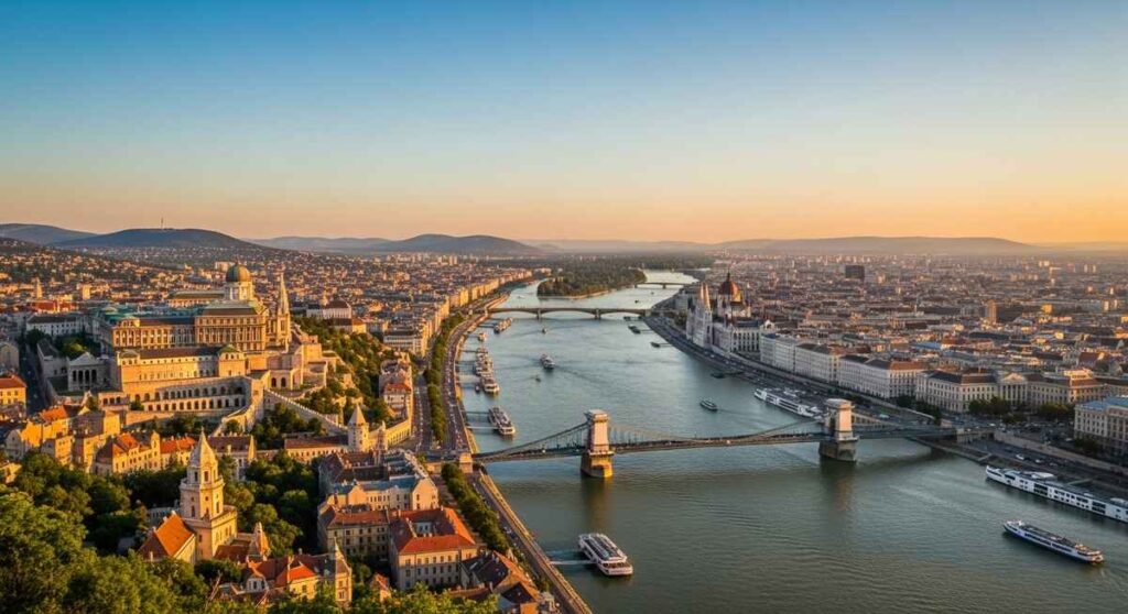 Panoramic view from Gellért Hill showing hilly Buda and flat Pest