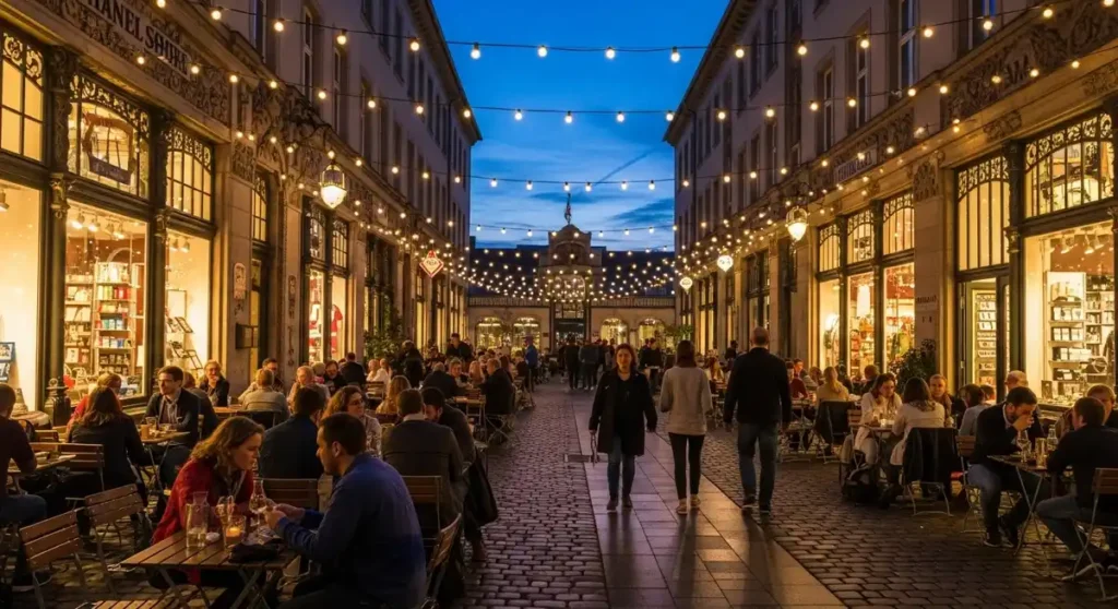 Evening at Hackesche Höfe with lights and people