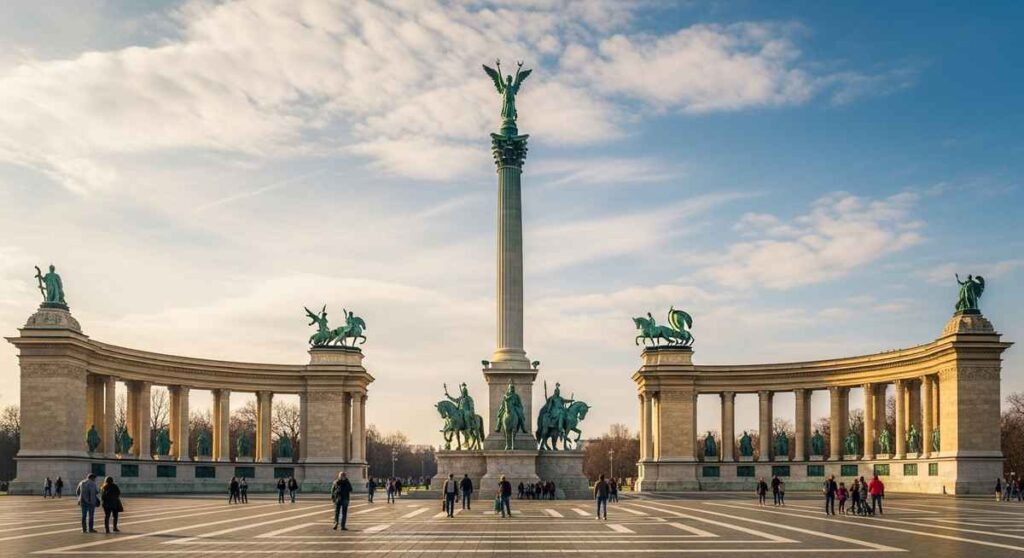 Heroes’ Square monuments at the end of Andrássy Avenue