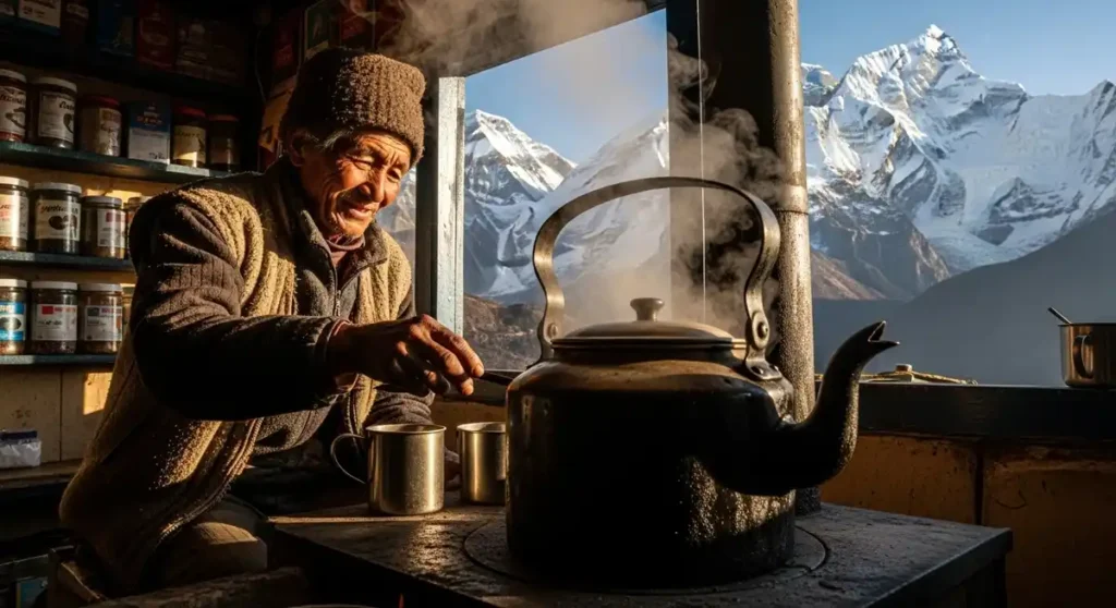 Himalayan teahouse boiling water for trekkers.