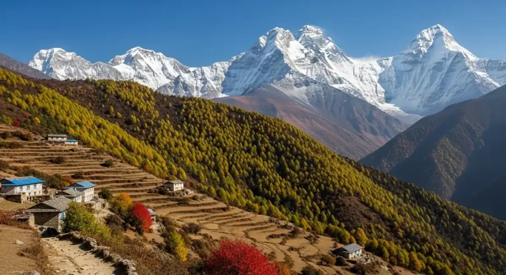 Autumn view of the Himalayas with clear skies and snowy peaks