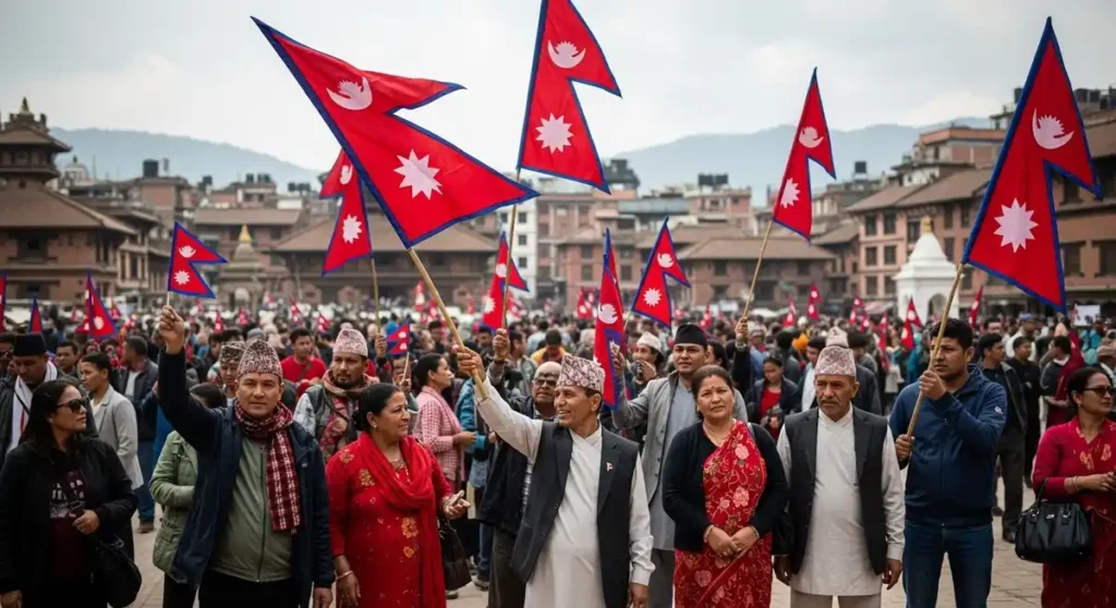Peaceful political demonstration in Kathmandu with people holding flags