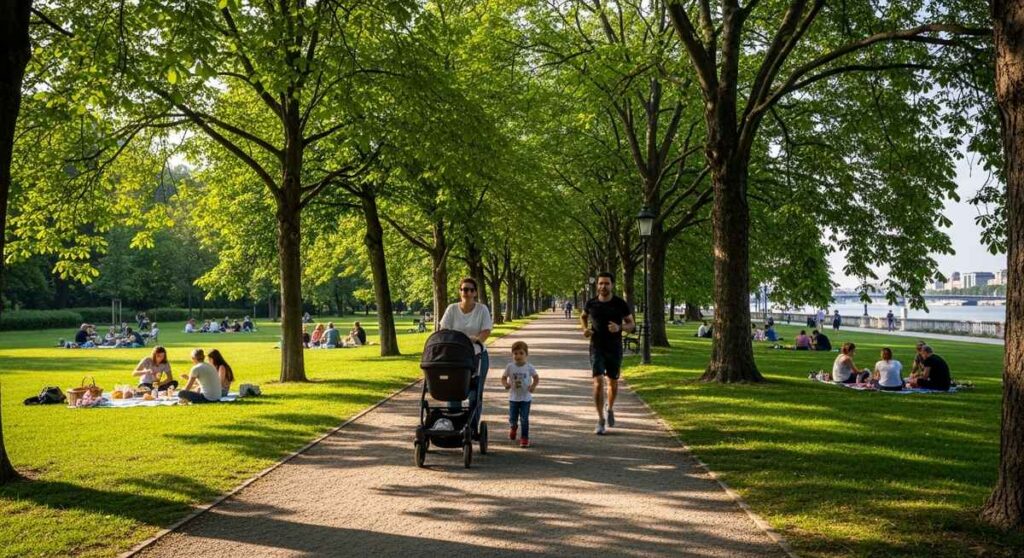 Family with stroller on a shady path in Margaret Island
