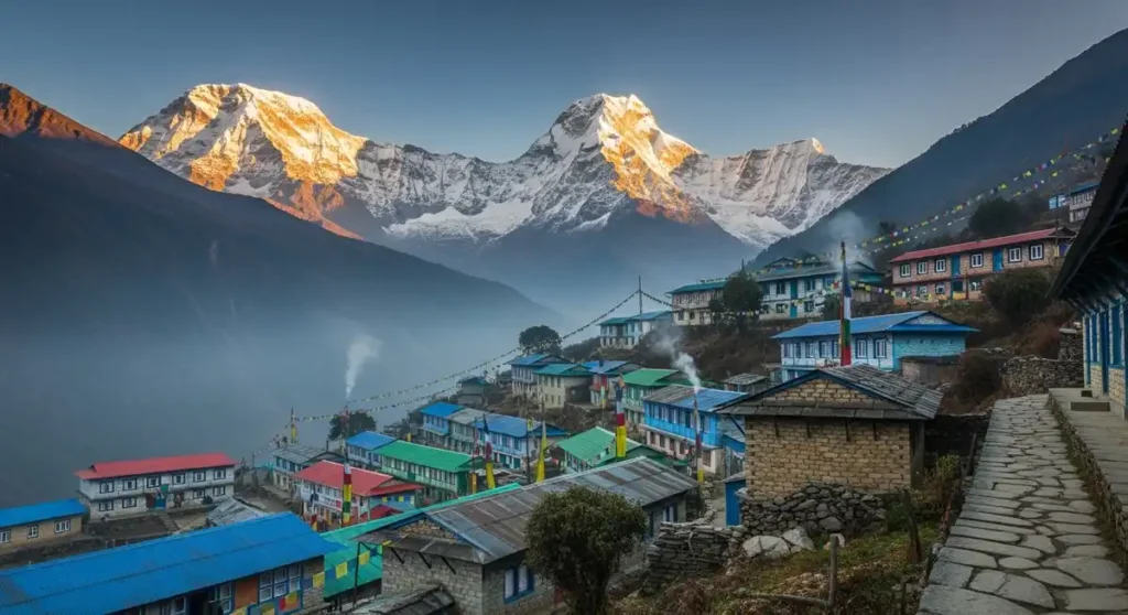 Namche Bazaar at sunrise with the Himalayas in the background