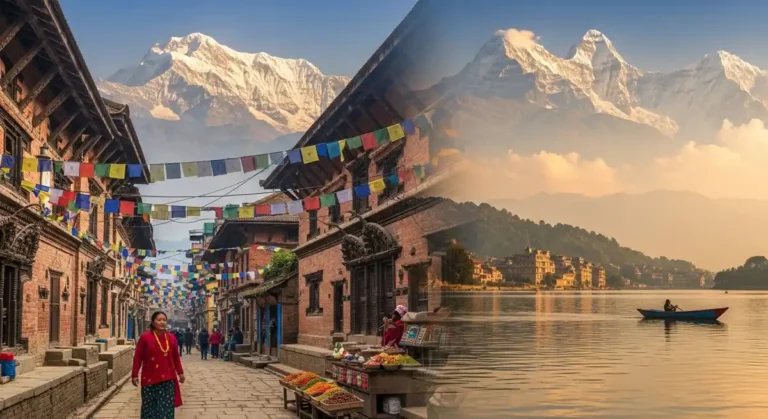 Nepal 2025 scenic collage with mountains, lake, and prayer flags