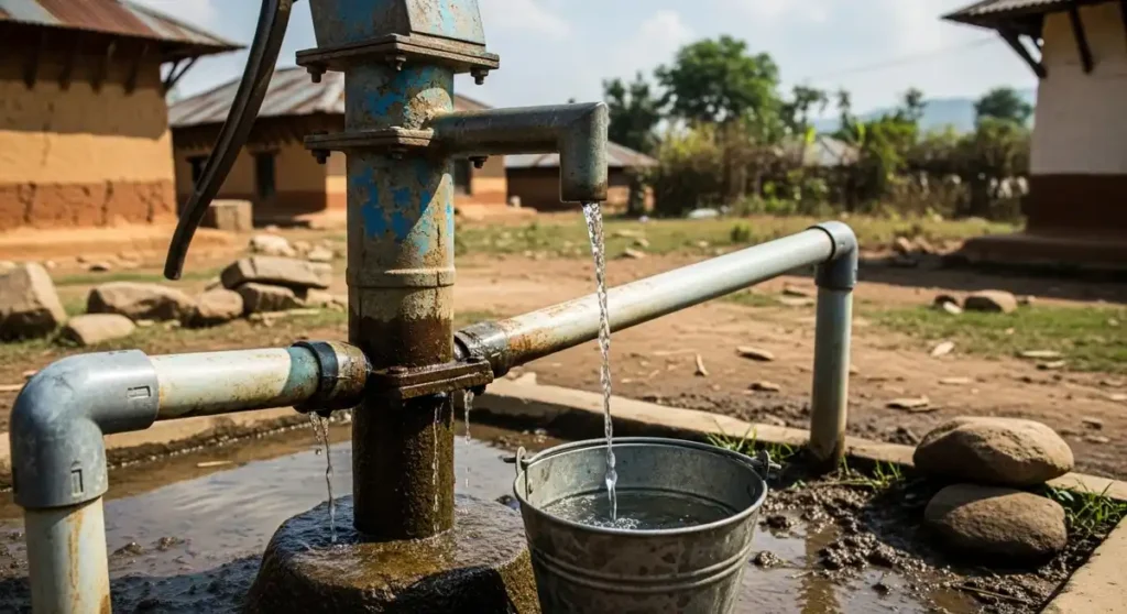 Old hand pump in rural Nepal showing unsafe water infrastructure.