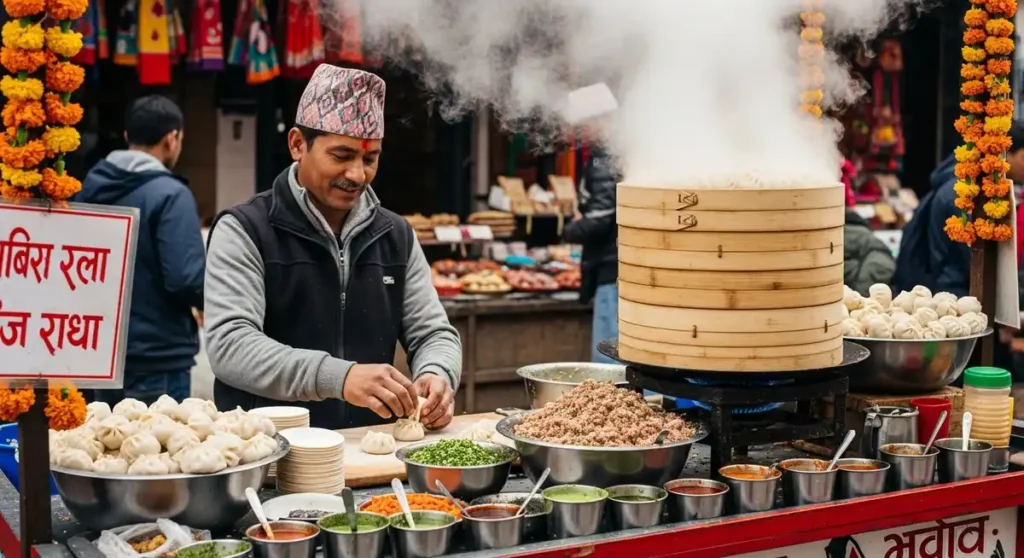 Nepalese street food vendor making momo dumplings with steam rising