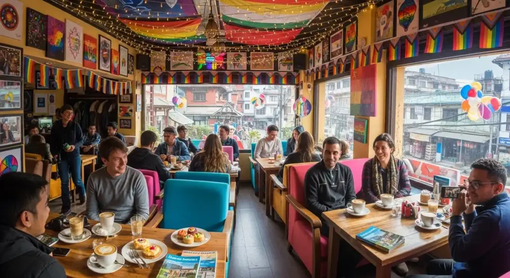 Colorful LGBTQ+ friendly café in Pokhara with rainbow flags