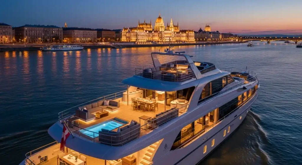 Luxury private yacht cruising past Budapest skyline