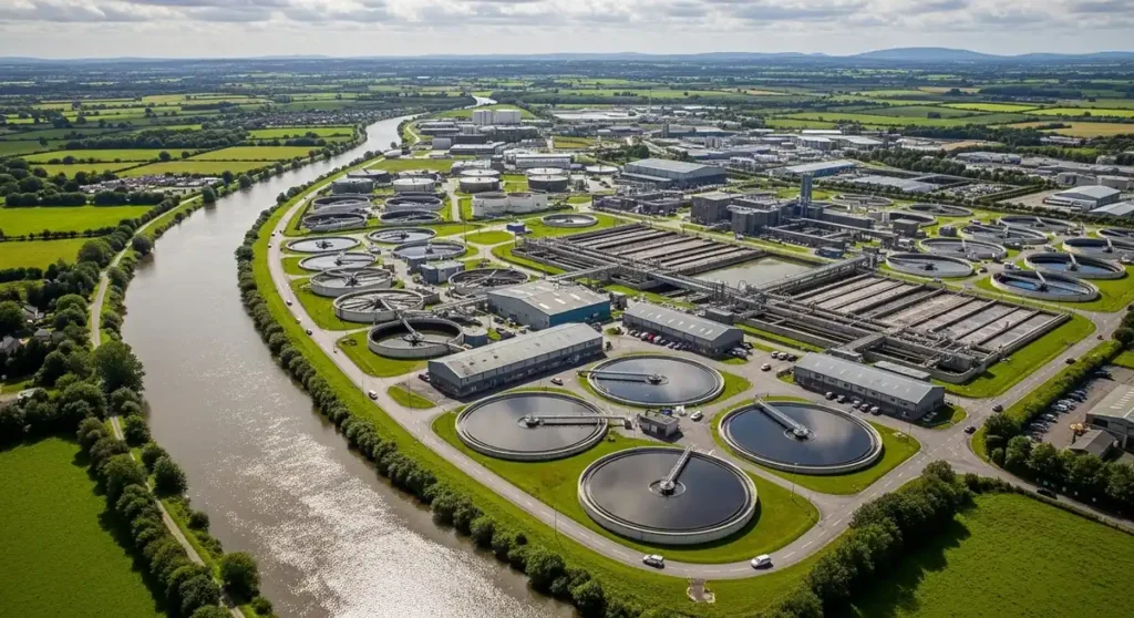 Aerial view of River Liffey and Dublin’s water treatment facility.