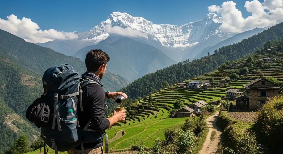 Safe drinking water in Nepal with Himalayan backdrop.