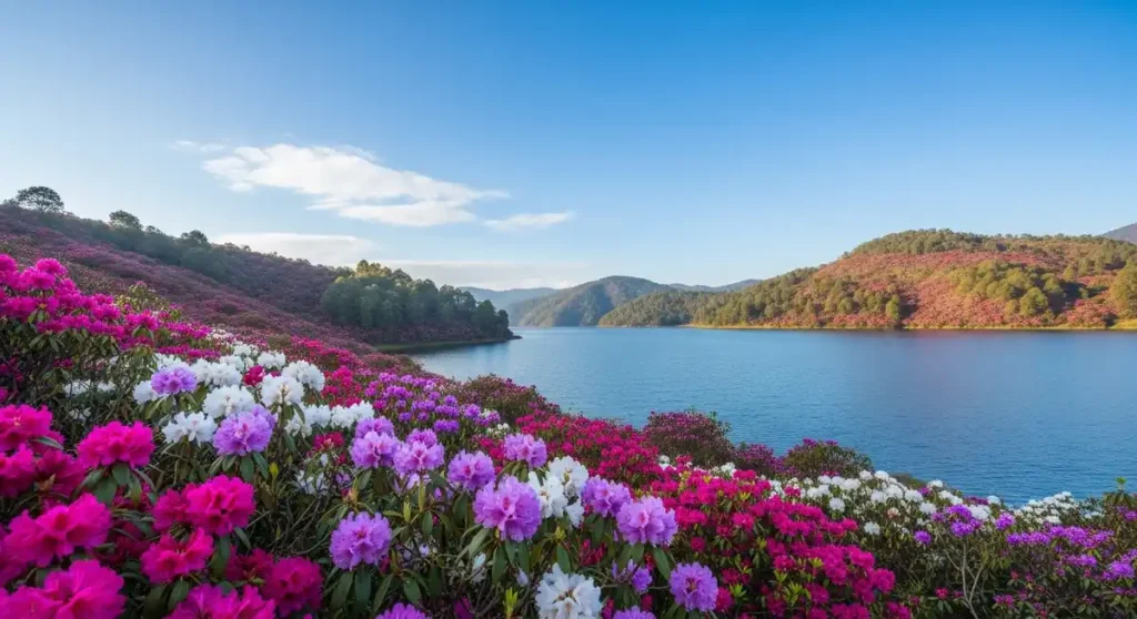 Rhododendron flowers blooming around Begnas Lake in spring.