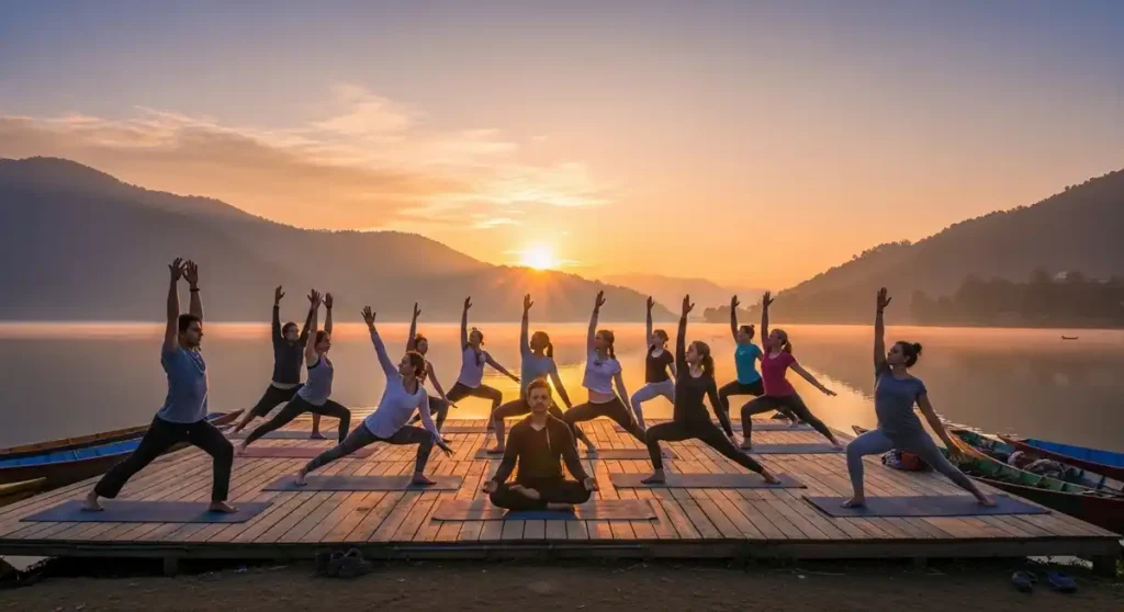 People practicing yoga at sunrise by Begnas Lake.