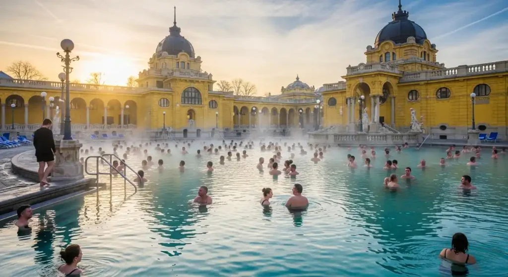 Széchenyi Thermal Bath outdoor pools with steam rising and bathers