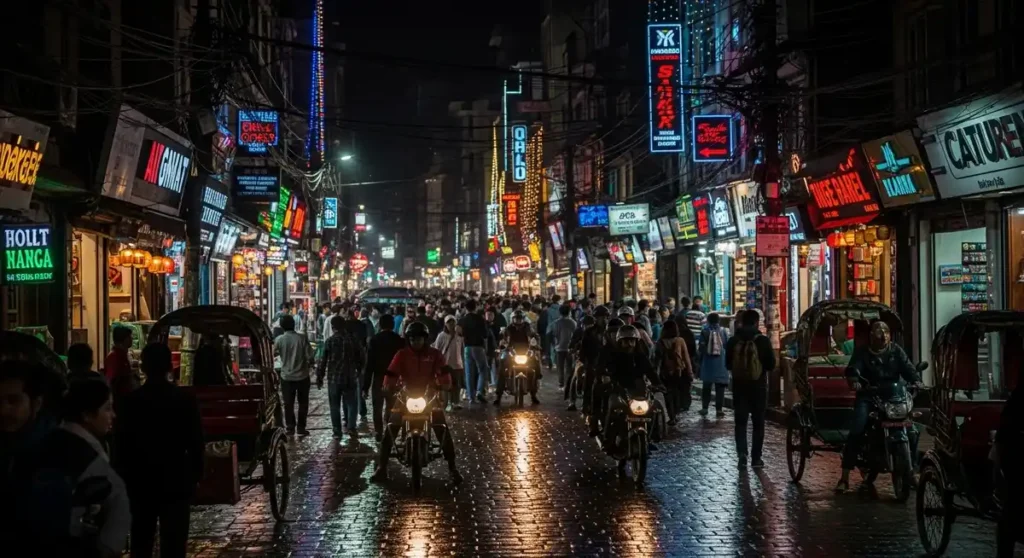 Neon-lit street in Thamel at night, bustling with tourists