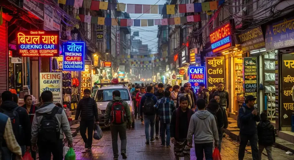 Tourists exploring the busy Thamel district in Kathmandu