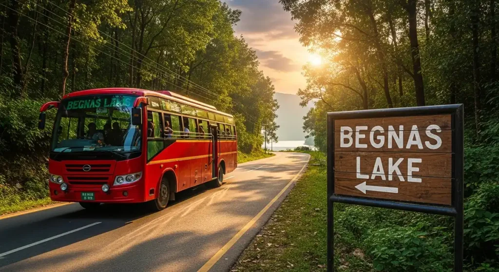 Tourist bus heading toward Begnas Lake along scenic road.