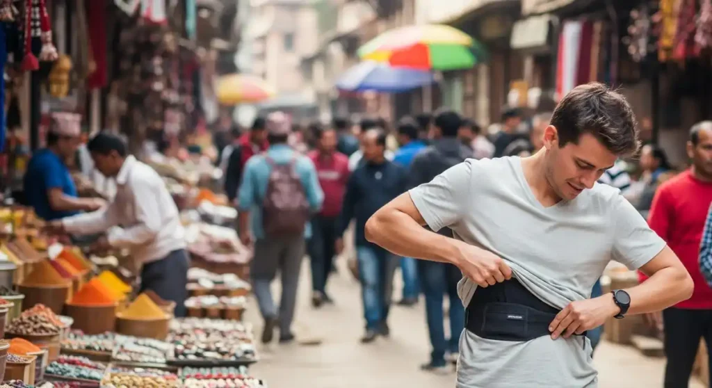 Tourist adjusting a money belt in a busy Nepalese market