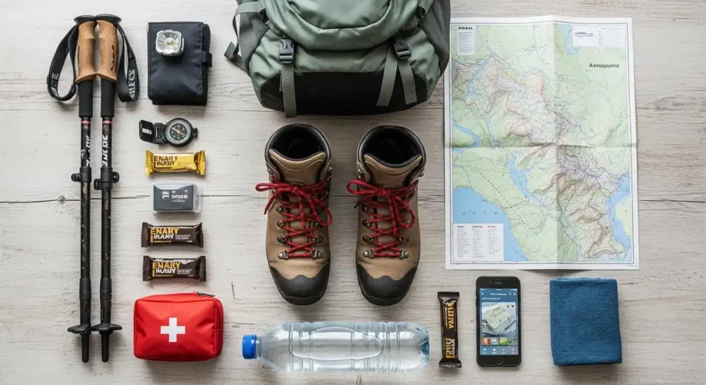 Flat lay of essential trekking gear for Nepal including boots and map