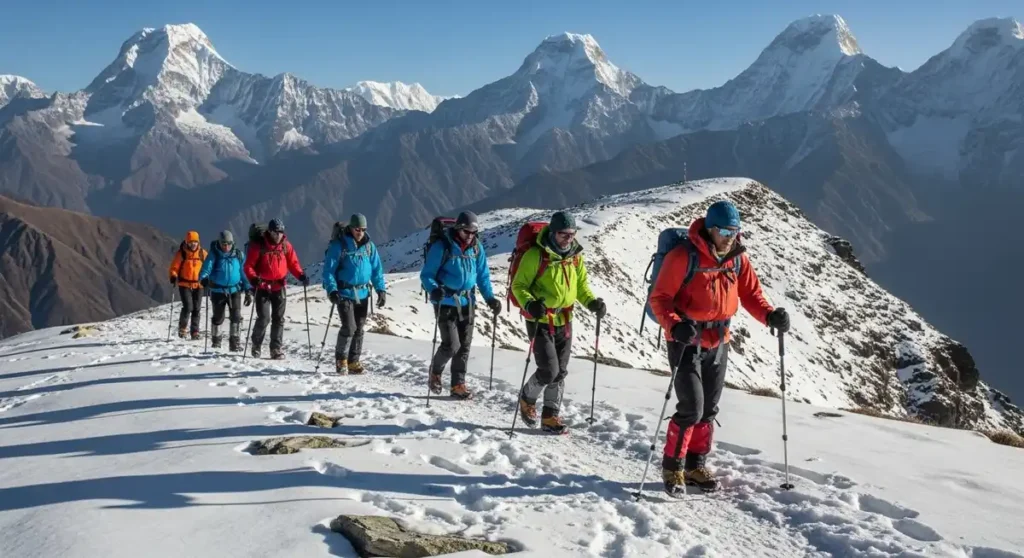 Trekkers in Nepal wearing safety gear and carrying trekking poles