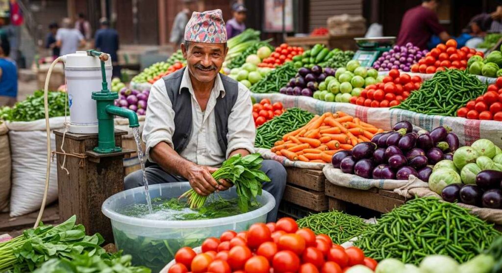 Nepali woman washing vegetables safely with filtered water.