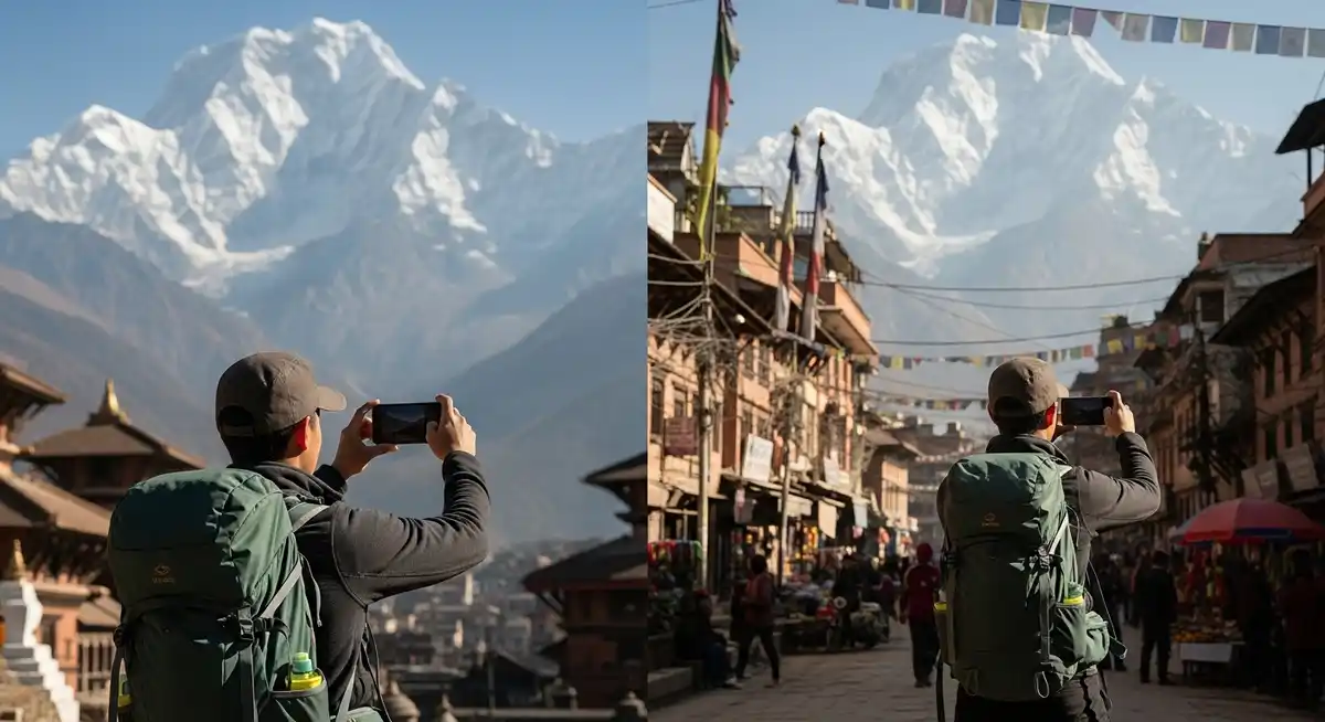 Traveler using smartphone to stay connected in Nepal, with scenic mountain or urban backdrop.
