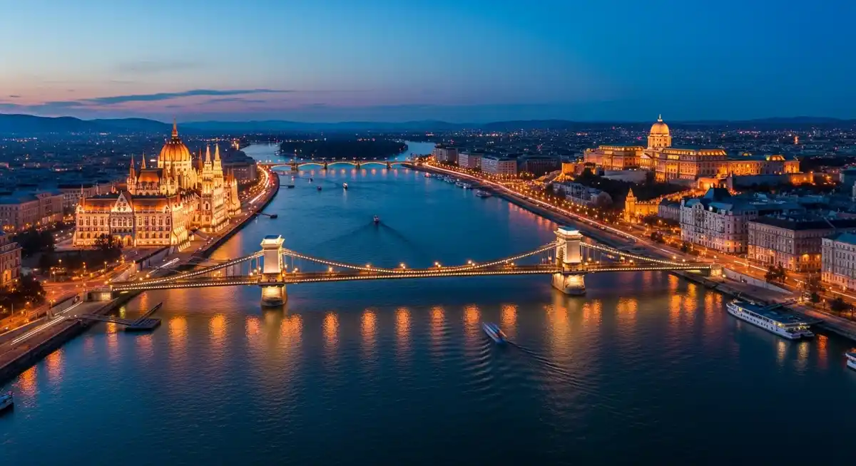 Aerial view of Budapest at twilight