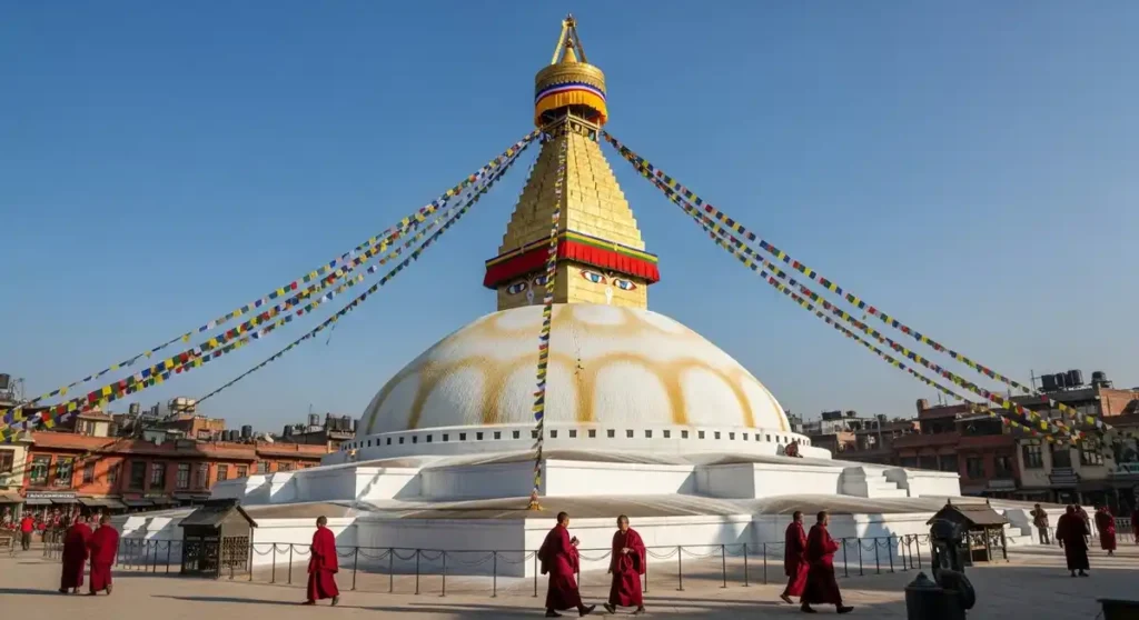 Boudhanath Stupa in Kathmandu with monks and colorful prayer flags.