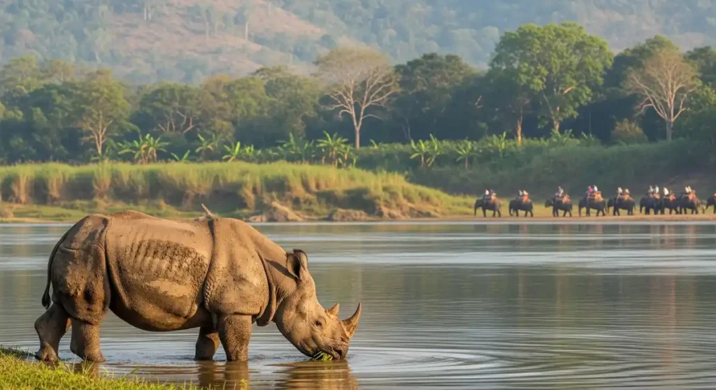A one-horned rhinoceros grazing near a river in Chitwan National Park.