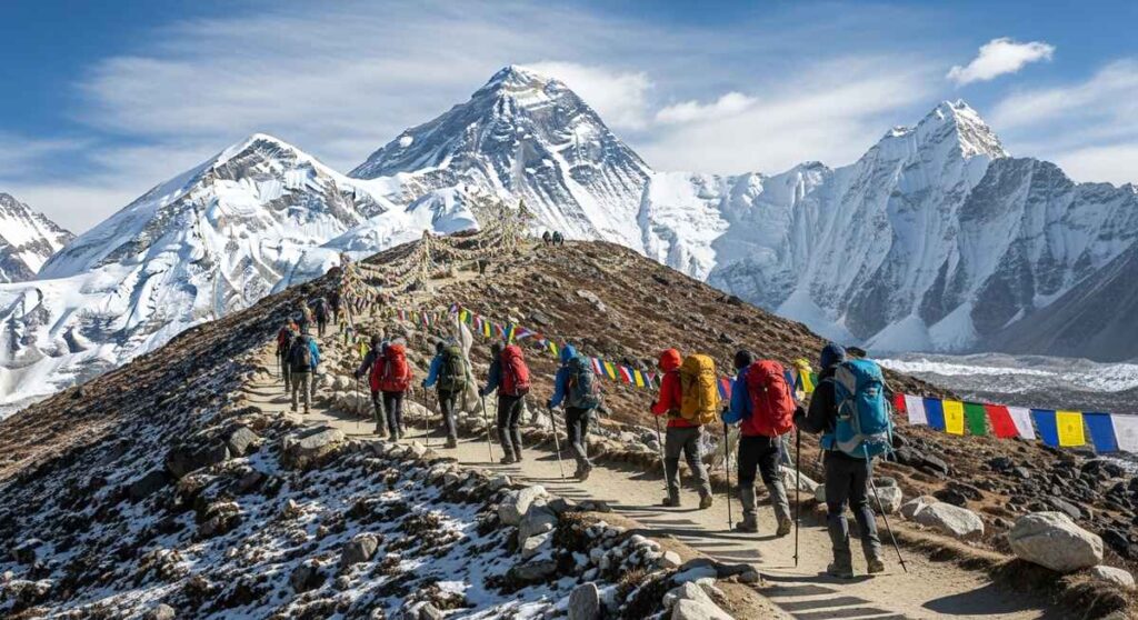 Trekkers on the Everest Base Camp trail with Mount Everest visible in the background.