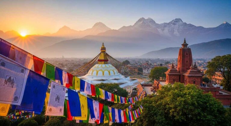 A panoramic view of Nepal with the Himalayas, Boudhanath Stupa, and Lumbini’s Mayadevi Temple under colorful prayer flags.