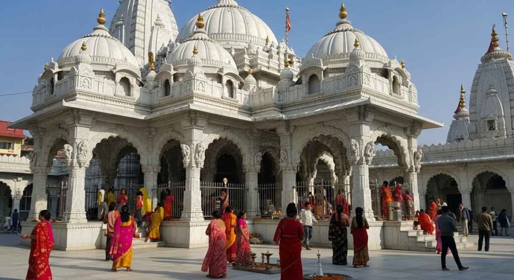 The white marble Janaki Temple in Janakpur with devotees offering prayers.