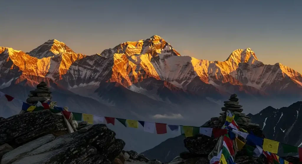 Sunrise view from Kala Patthar viewpoint overlooking Mount Everest and Lhotse.