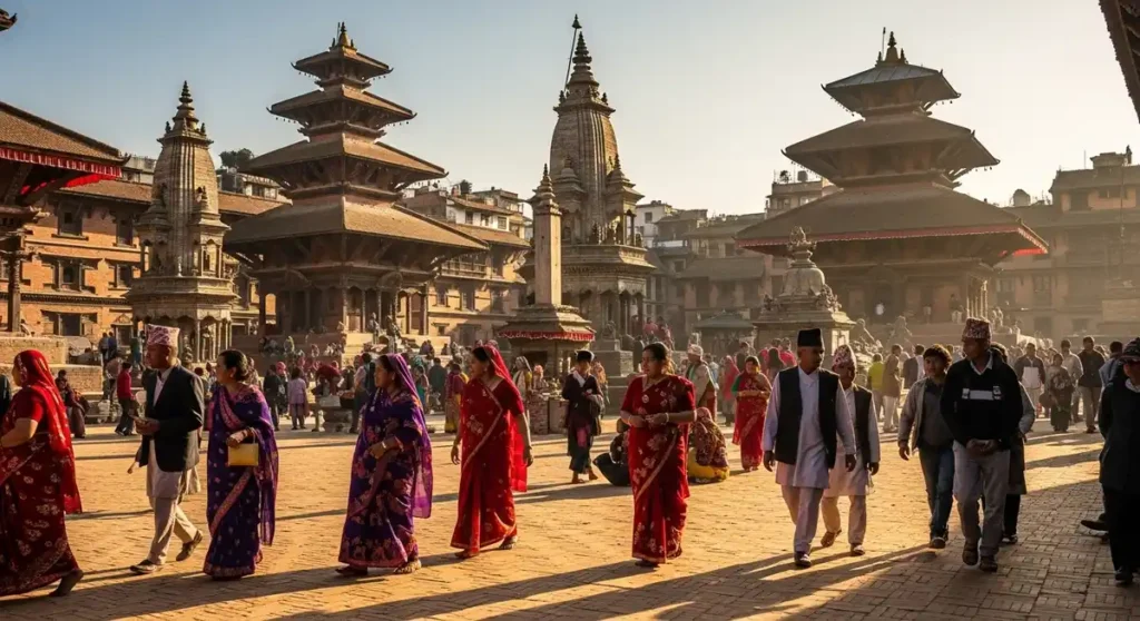 Kathmandu Durbar Square filled with temples and traditional Newari architecture.