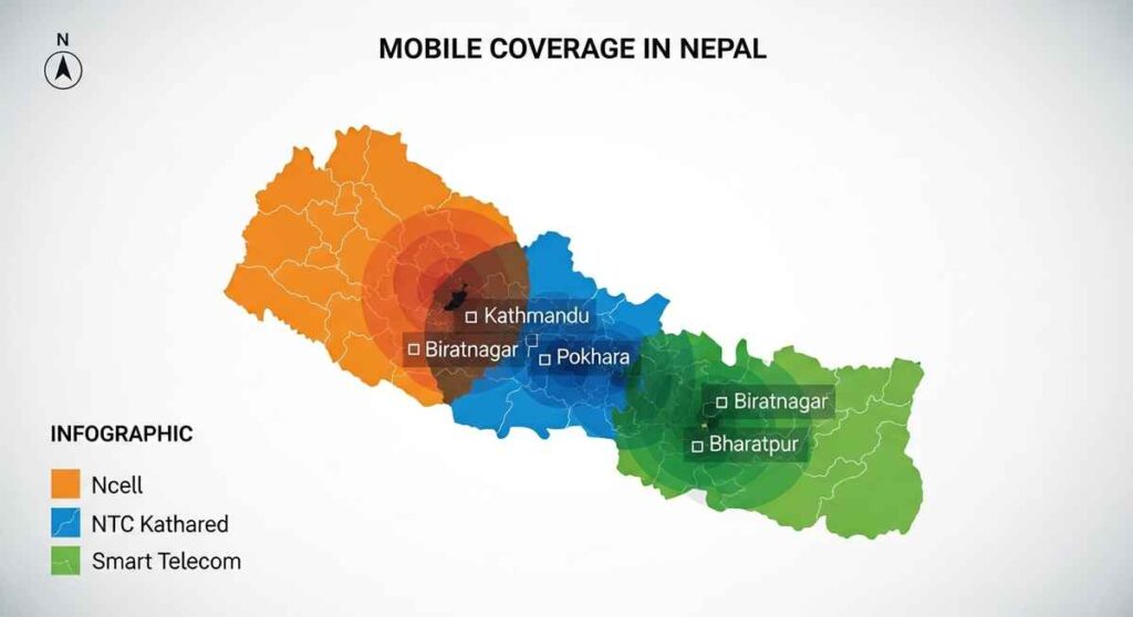 Coverage map of Ncell, NTC, and Smart Telecom in Nepal showing urban and rural regions.