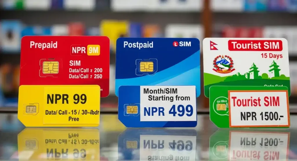 Prepaid, postpaid, and tourist SIM cards with pricing labels in Nepalese rupees.